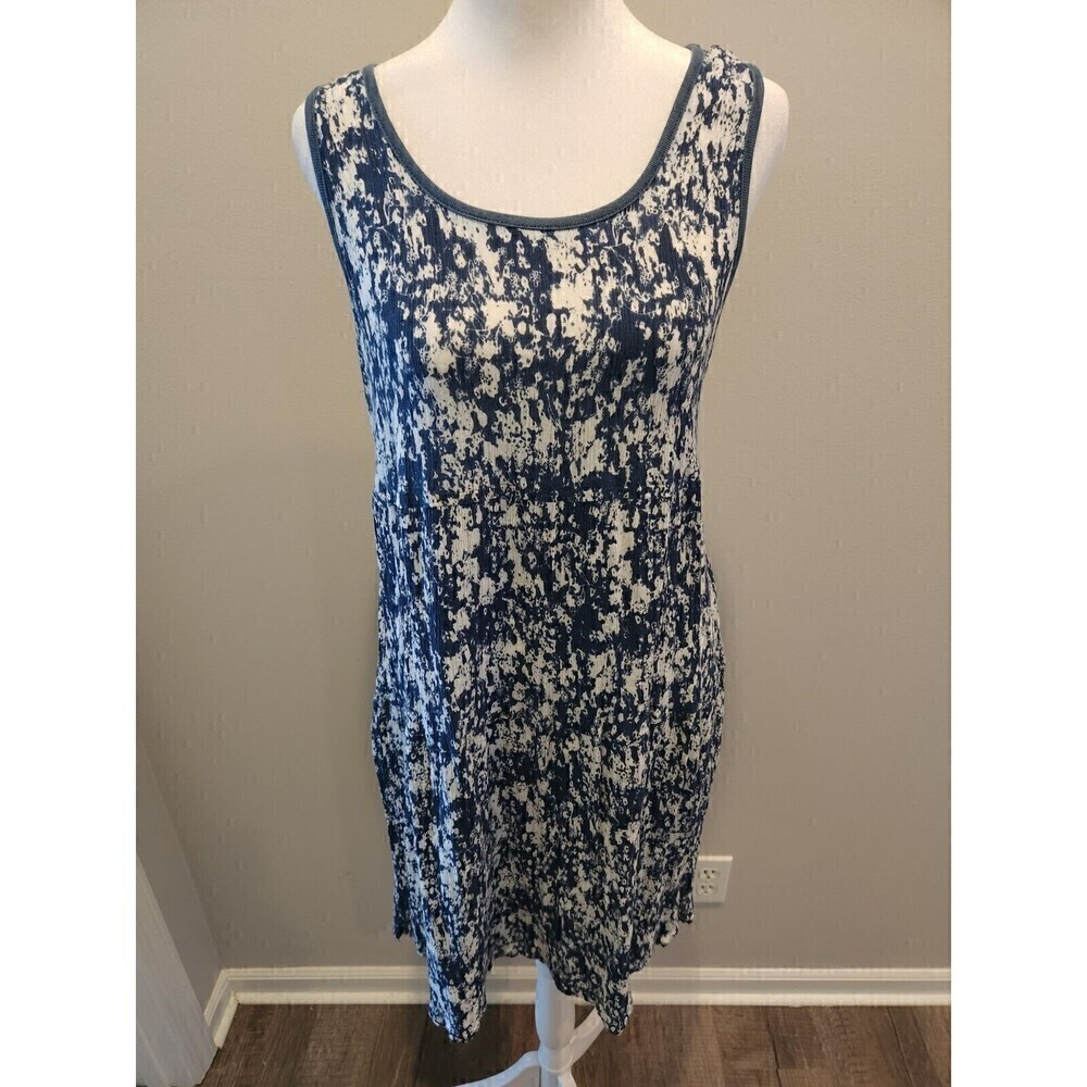 La Cera Crinkle Dress Sz L whit/navy boho tie front Sleeveless knee length
